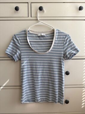 Mango Light Blue and White Striped Scoop Neck Tee